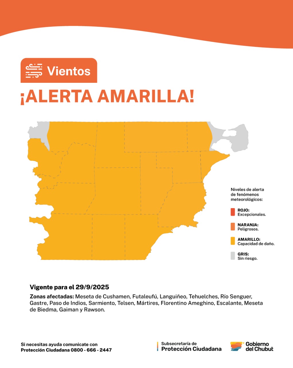 El SMN emitió alerta amarilla para casi todo Chubut.