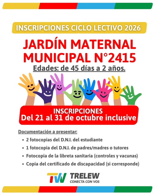 Desde el 21 al 31 de octubre estarán abiertas las inscripciones para el ciclo lectivo 2026 de los jardines maternales municipales.